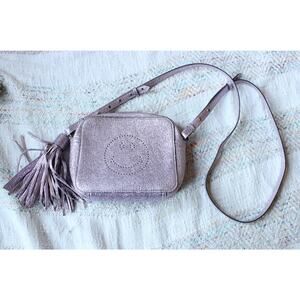 Anya Hindmarch Pink Metallic Glitter Smiley Face Tassel Crossbody Purse